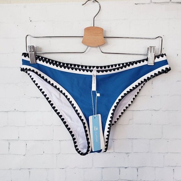 Cupshe Bikini Bottom Size L Blue White Black Trim Cheeky NEW - Picture 2 of 7